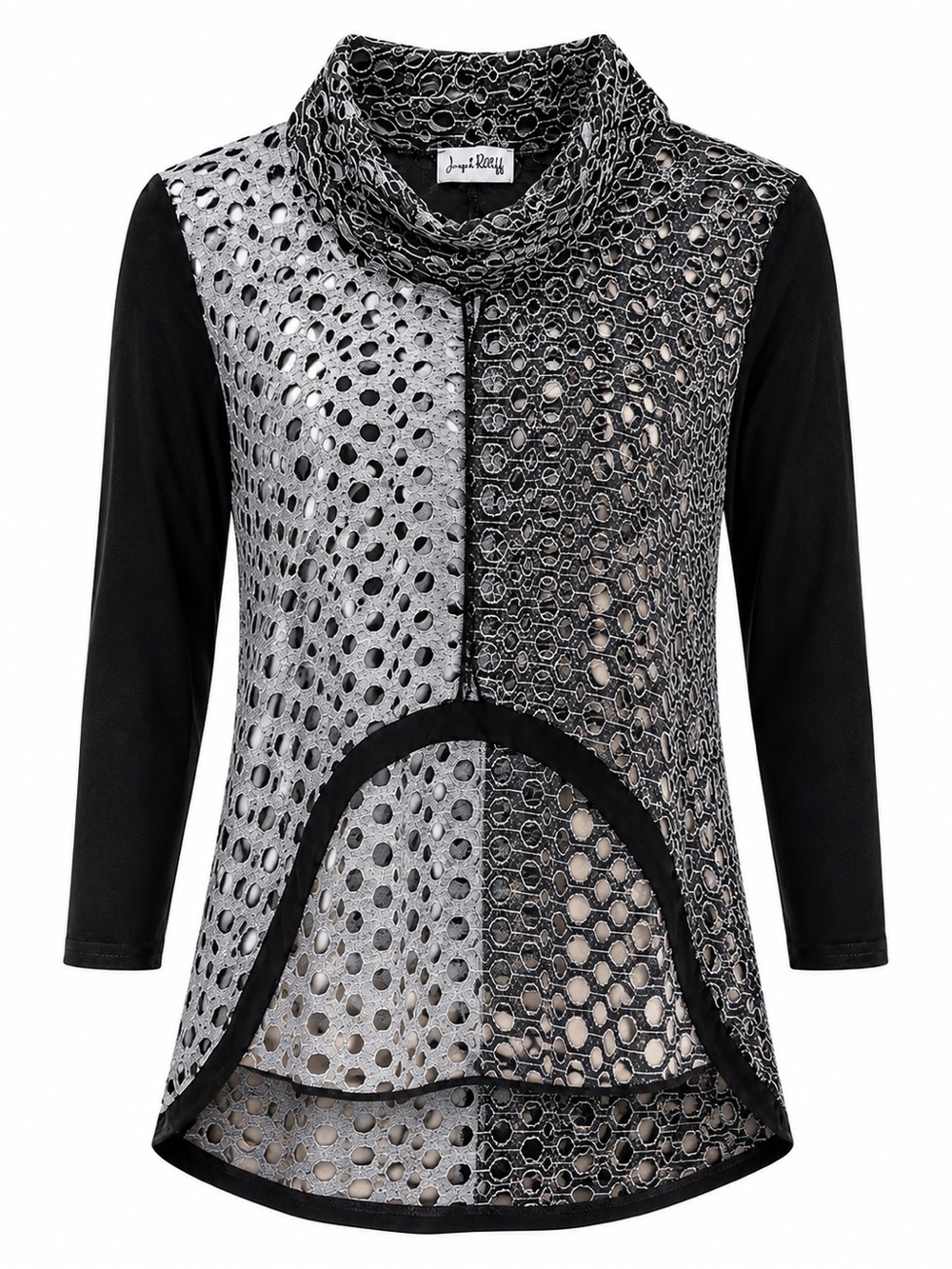 Joseph Ribkoff Sweater Black Silver Openwork Cowl Neck High Low Top Size 12